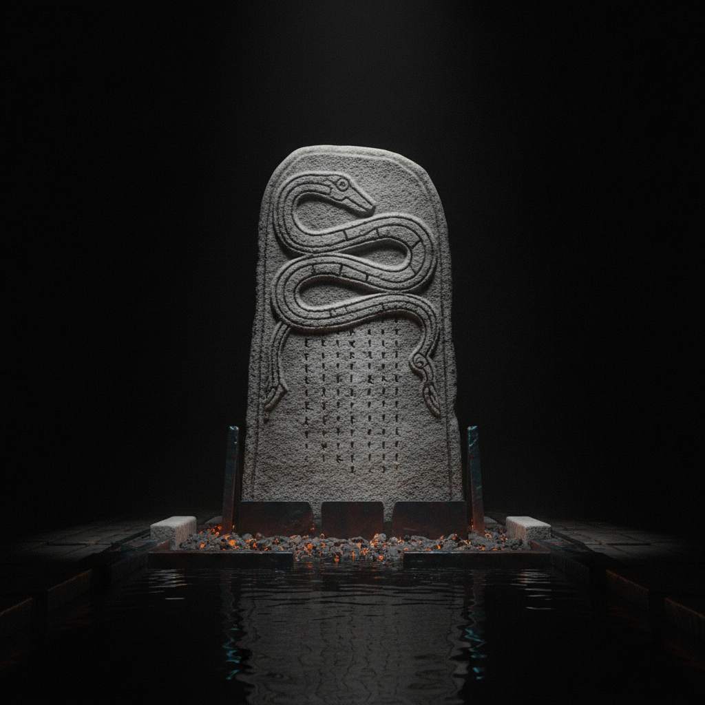 A carved Norse runestone bearing a serpent and rows of marks